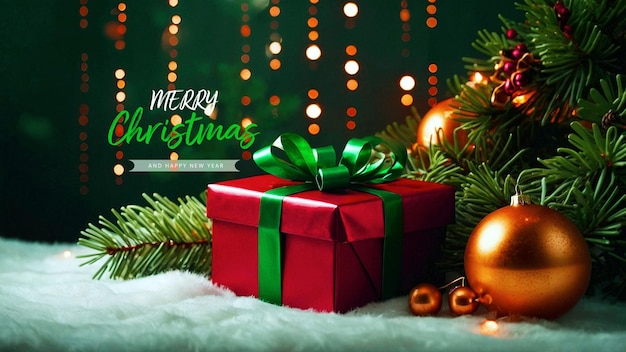 a christmas card with a red and green background with a christmas tree and a green ribbon