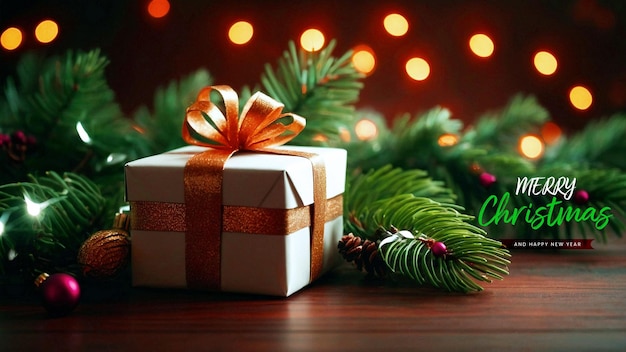 a christmas card with a white box with a red bow on it