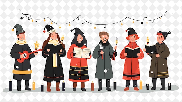 PSD christmas caroling with characters singing and playing instr illustration christmas art design