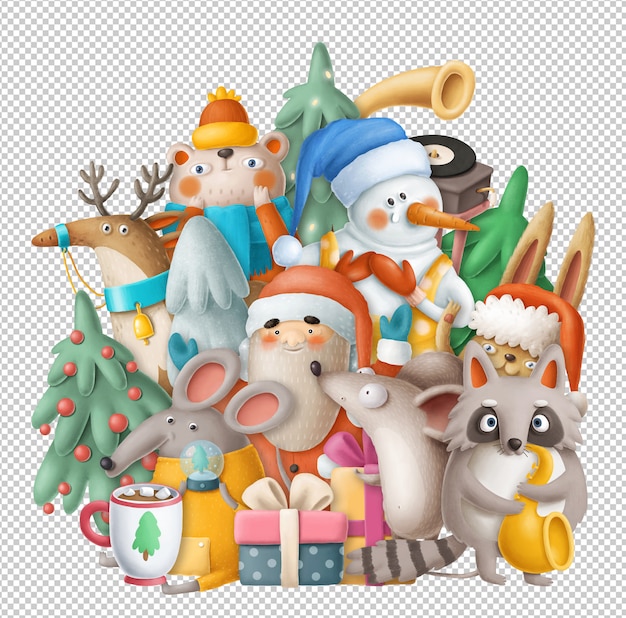 Christmas cartoon with snowman, santa and funny animals