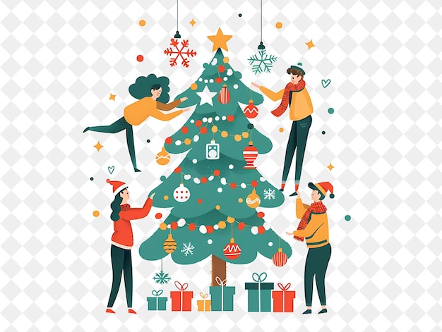 PSD christmas celebration with characters decorating a tree desi png festival 2d flat art illustrations