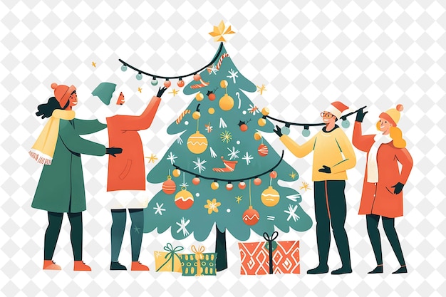 Christmas Celebration With Characters Decorating a Tree Desi PNG Festival 2D Flat Art Illustrations