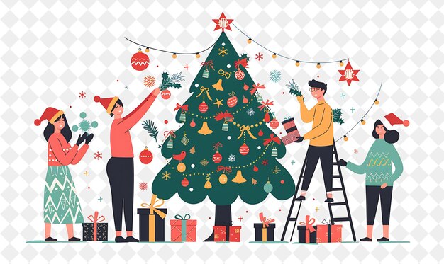 PSD christmas celebration with characters decorating a tree desi png festival 2d flat art illustrations