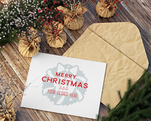 Christmas decoration with Christmas cards and accessories on table mockup