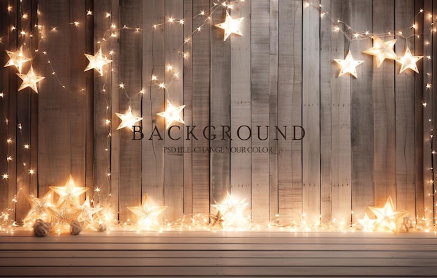 PSD christmas decoration with stars and lights on wooden background