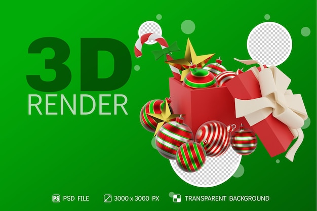 Christmas Design with Gift Boxs, star, balls and candy 3D Render isolated background