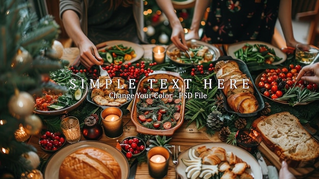 Christmas Dinner Table with Food and Candles