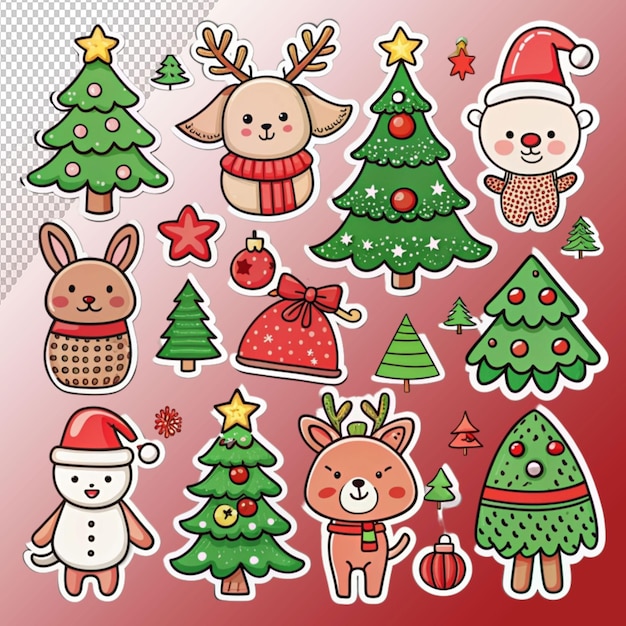 PSD christmas doodle sticker cute tree and animal isolated on transparent background