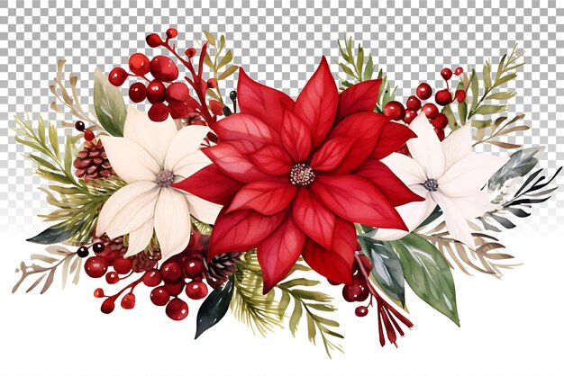 PSD christmas floral wreath png with handpainted watercolor poinsettia and pine branches