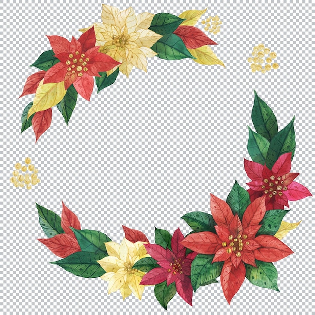 Christmas floral wreath with winter plant poinsettia. Watercolor round border