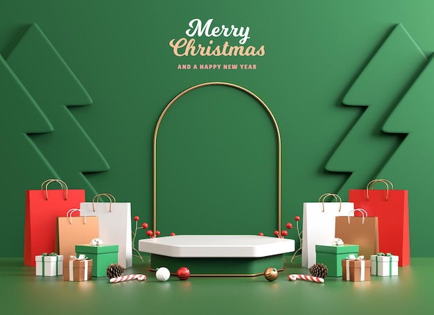 Christmas flyer background with pedestal podium decoration stuff on a green scene for product stand