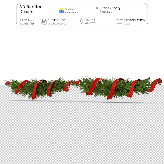 PSD christmas garland with red ribbon 3d modeling psd file