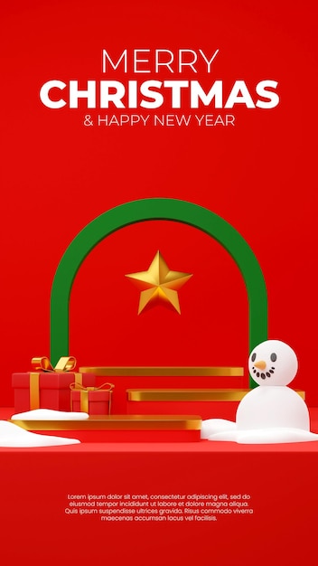 christmas gold and red podium in portrait green arch, star, and snowman 3D render template mockup