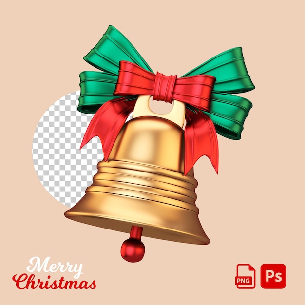 Christmas golden bell with ribbons isolated on a transparent background cut out object in 3D render