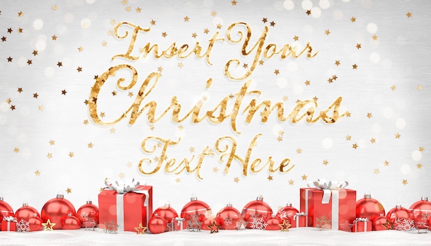 Christmas greeting card mockup with golden stars text and red decorations