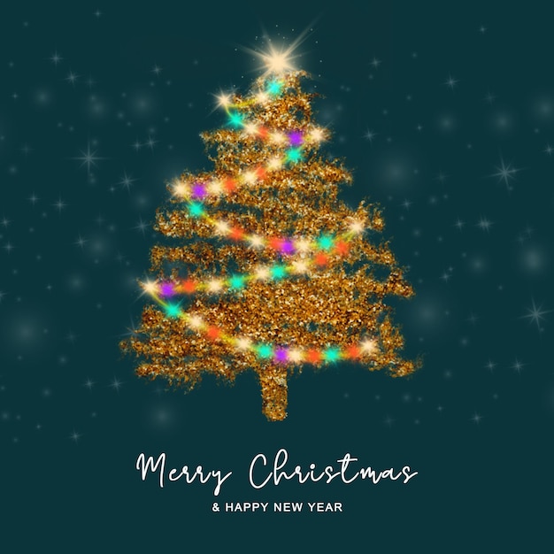 christmas greeting card with golden christmas tree background