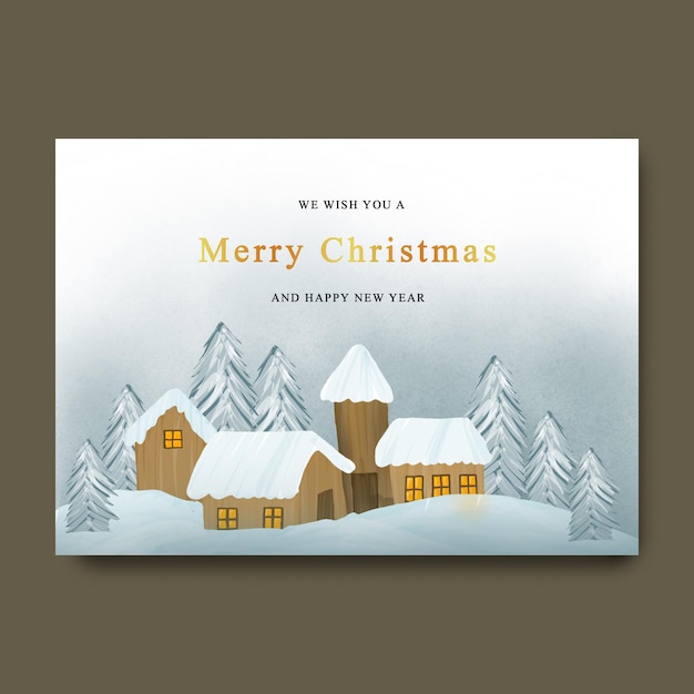 christmas greeting card with snow landscape background and watercolor style house