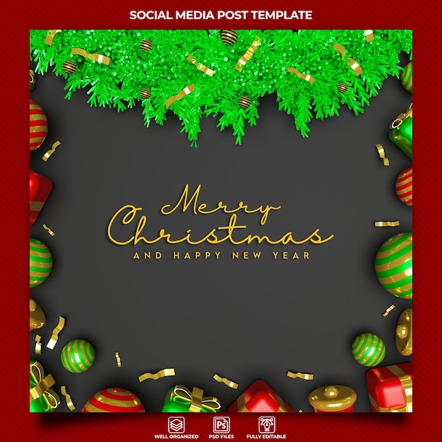 Christmas greeting social media post template with 3d ornaments