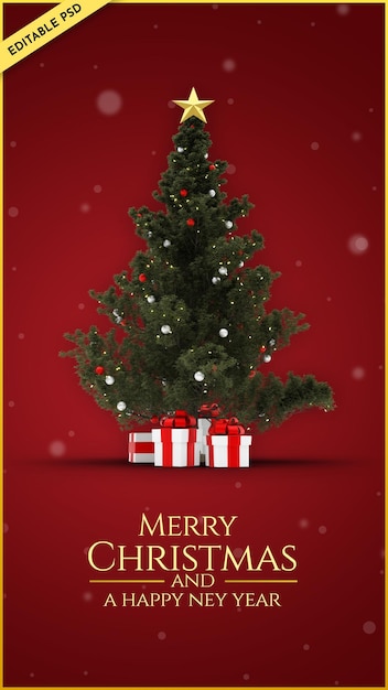 Christmas greeting with realistic christmas tree and gift boxes