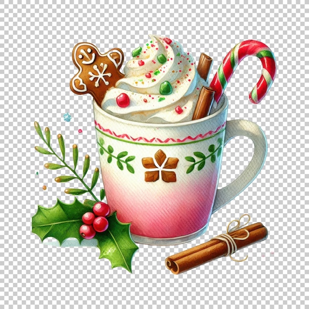 Christmas hot chocolate with gingerbread and candy cane isolated on transparent background