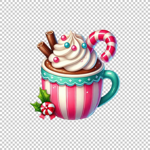 Christmas hot cocoa with candy cane and holly isolated on transparent background