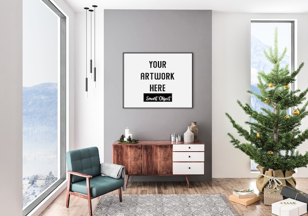 Christmas interior with horizontal frame mockup