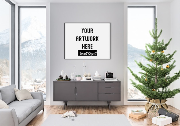 Christmas interior with horizontal frame mockup