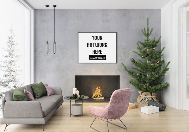 Christmas interior with horizontal frame mockup