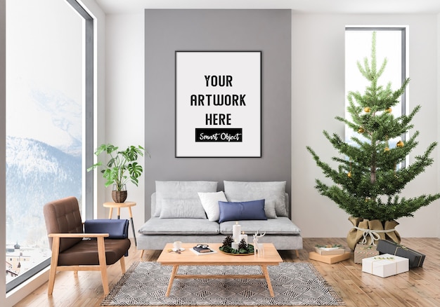 Christmas interior with vertical frame mockup