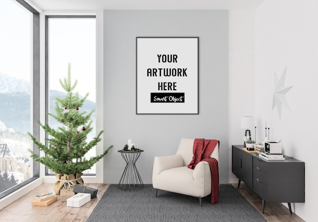 Christmas interior with vertical frame mockup