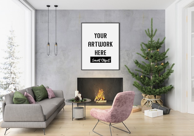 Christmas interior with vertical frame mockup