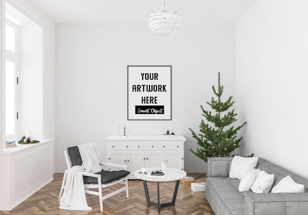 Christmas interior with vertical frame mockup