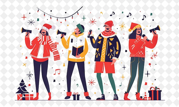 PSD christmas karaoke with characters singing holiday tunes desi illustration christmas art design