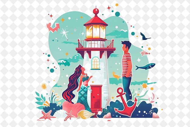 Christmas in the Lighthouse With the Little Mermaid and the Illustration Christmas Art Design