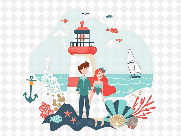 Christmas in the Lighthouse With the Little Mermaid and the Illustration Christmas Art Design