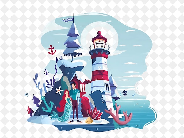 Christmas in the Lighthouse With the Little Mermaid and the Illustration Christmas Art Design