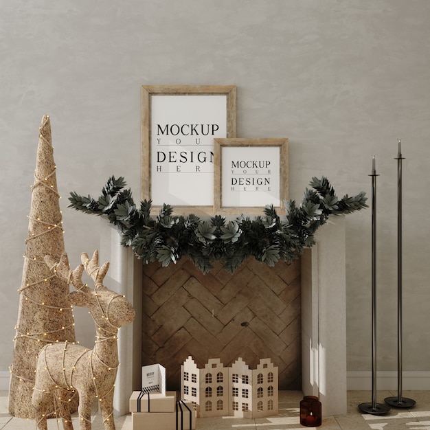 Christmas livingroom with mockup poster frame and Christmas tree