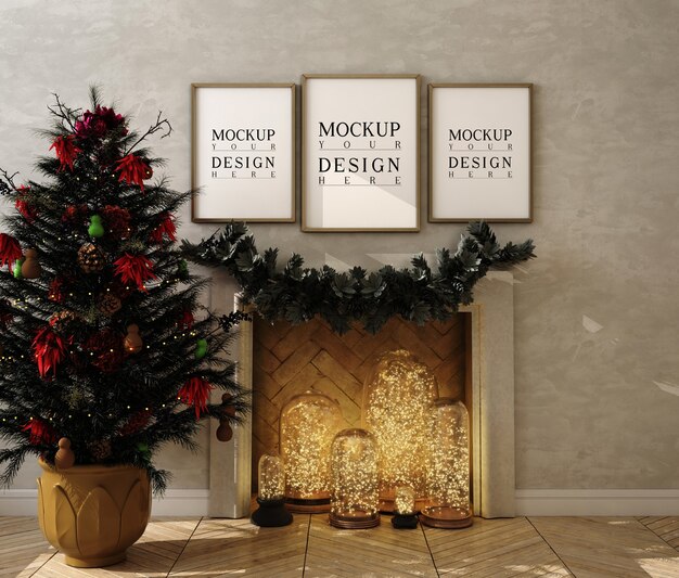 Christmas livingroom with mockup poster frame and Christmas tree