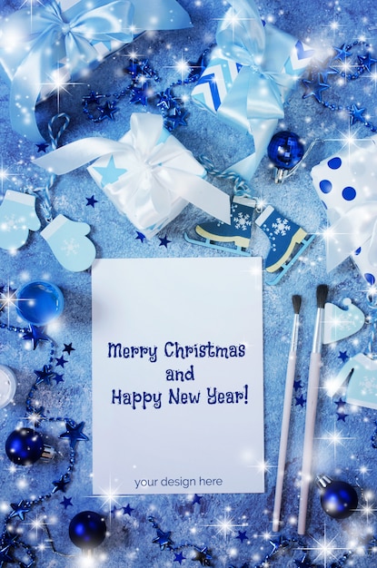 Christmas mock up for greeting card or letter to Santa in blue color.