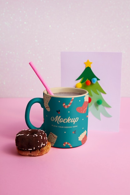 PSD christmas mug mock-up with decorations