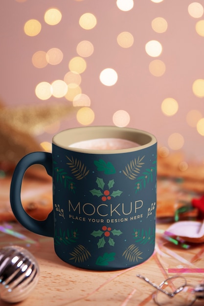 Christmas mug mock-up with decorations