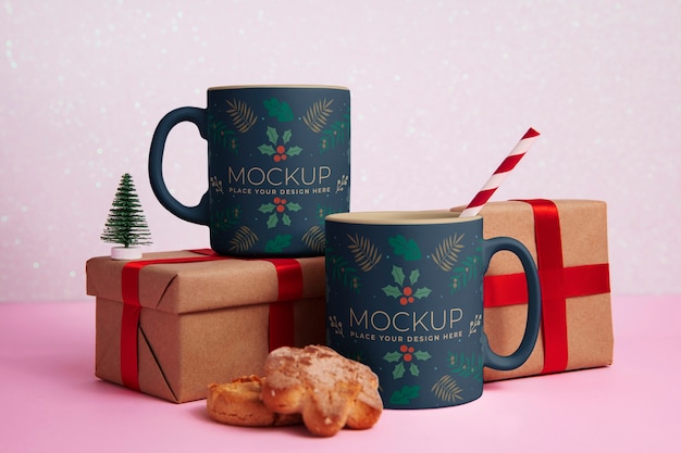 Christmas mug mock-up with present