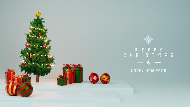 Christmas and new year background 3d render pine tree gift box xmas ball greeting card banner poster