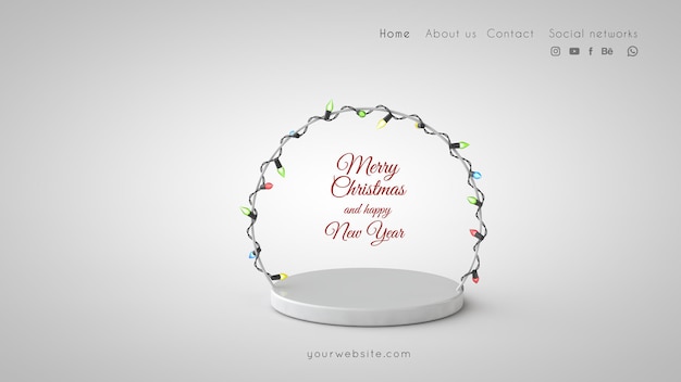 Christmas and New Year banner PSD template.  Stand with a garland arch. 3d render