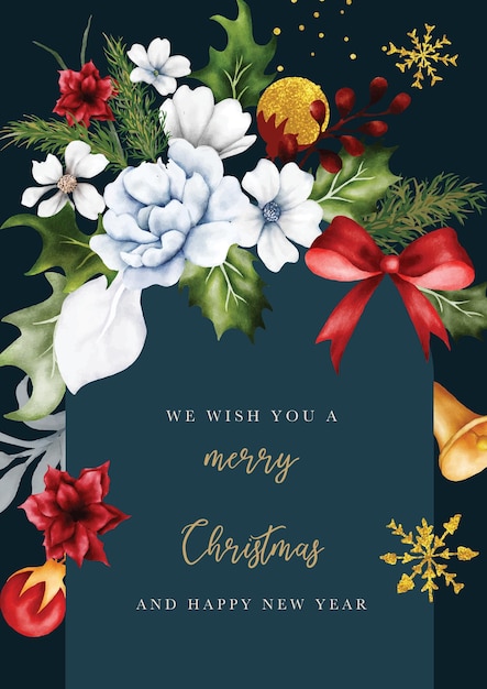 PSD christmas and new year card with watercolor christmas flower and leaves