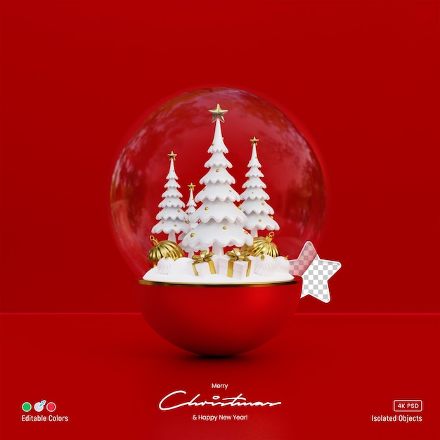 Christmas and new year glass globe scene decorated with cute 3d cartoon white pine trees