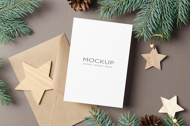 Christmas or New Year greeting card mockup with envelope