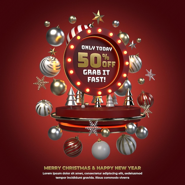 Christmas new year social media post 3d red circle podium editable template for advertisement