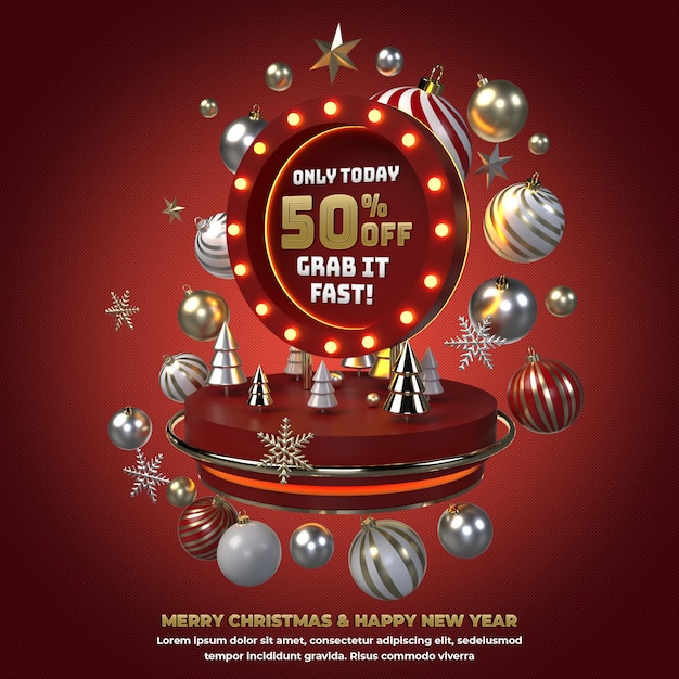 Christmas new year social media post 3d red circle podium editable template for advertisement