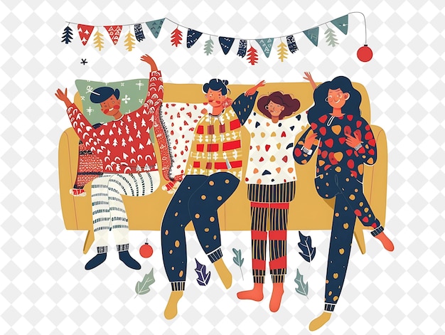 PSD christmas pajama party with characters lounging in festive s illustration christmas art design